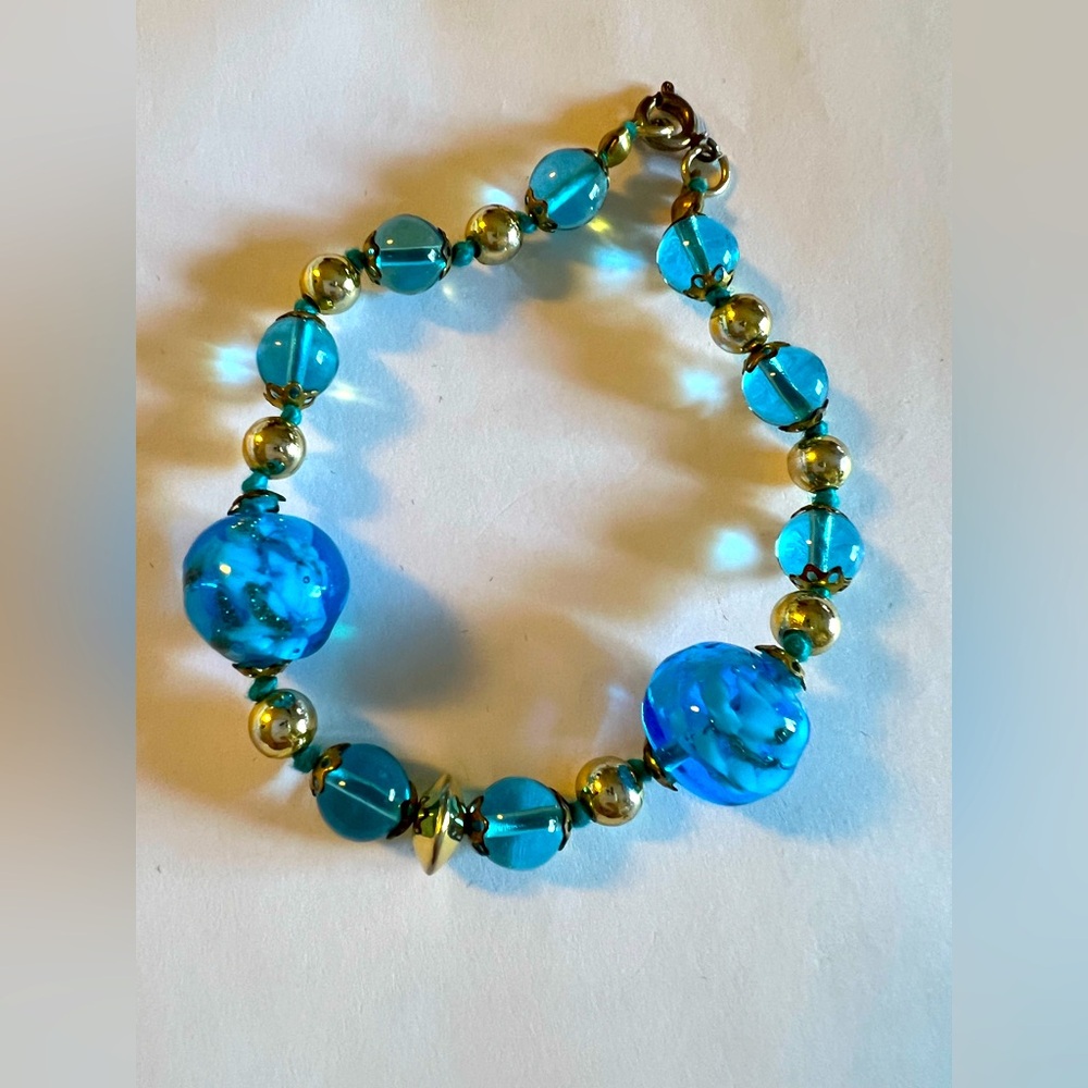 💙 4 for $40 💙 Venice Glass  Blue and Gold Beaded Bracelet